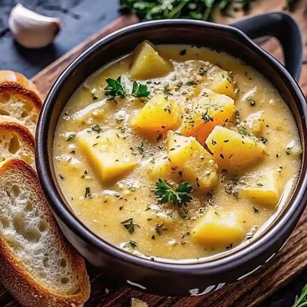 creamy-potato-soup-1 Bowl of creamy potato soup garnished with parsley and served with fresh bread