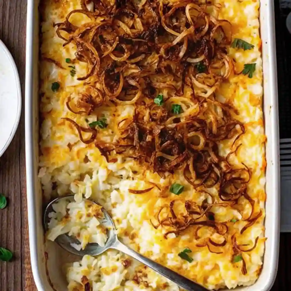 hashbrown-casserole-1 Baked hashbrown casserole topped with golden crispy fried onions in a white baking dish