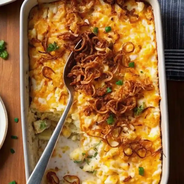 French Onion Funeral Potatoes 2 Hot hashbrown casserole served in a baking dish, garnished with fried onions and herbs