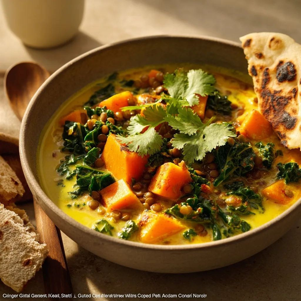Ginger Sweet Potato and Coconut Milk Stew with Lentils and Kale