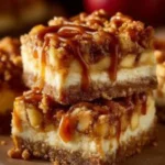 Slice of caramel apple cheesecake bars topped with caramel drizzle