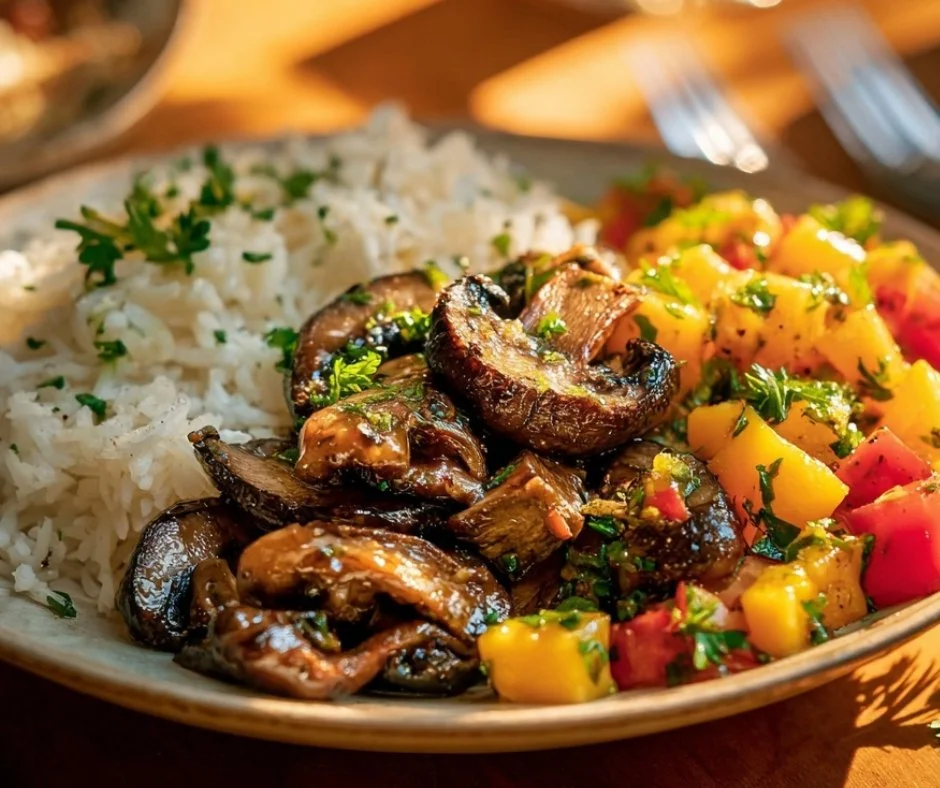 Delicious Jerk Mushrooms with Mango Salsa and Coconut Rice