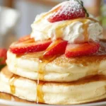 Fluffy Japanese soufflé pancakes served on a plate with fruit and syrup.