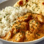Homemade butter chicken served with naan and rice on a rustic table.