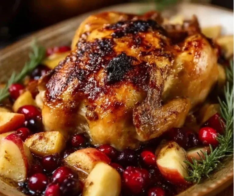 Apple and cranberry roasted chicken garnished with herbs and served with sides.