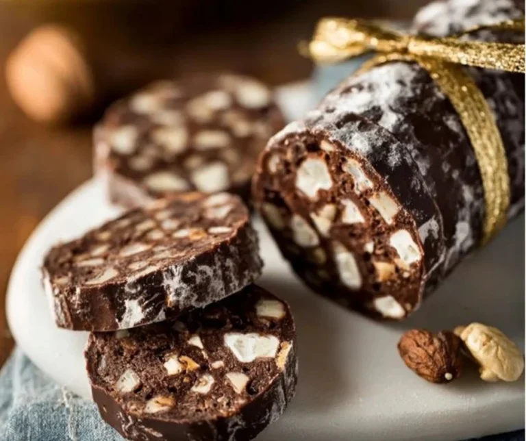 Delicious Chocolate Salami dessert sliced on a white plate