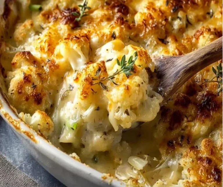 Creamy Cauliflower Gratin with Leeks and White Cheddar Delight 2 Creamy cauliflower gratin with leeks and white cheddar in a baking dish.
