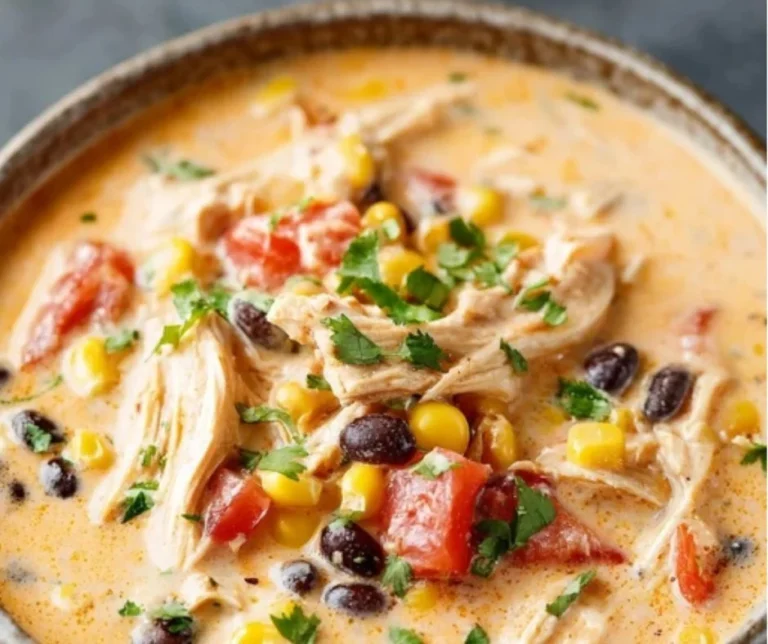 Creamy Chicken Taco Soup 2 Delicious creamy chicken taco soup garnished with fresh cilantro and avocado.