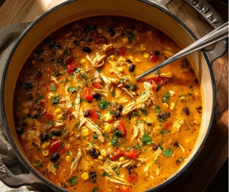 Delicious creamy chicken tortilla soup with toppings and garnish