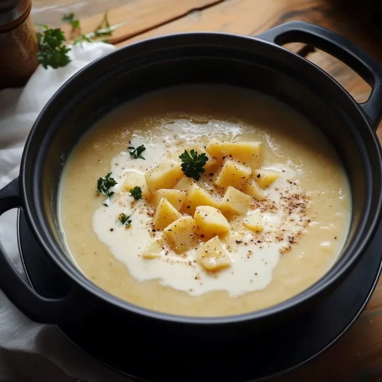 Creamy one-pot potato soup in a bowl with herbs and bread on the side