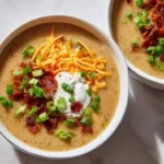 Creamy Crockpot Potato Soup garnished with fresh herbs in a bowl.