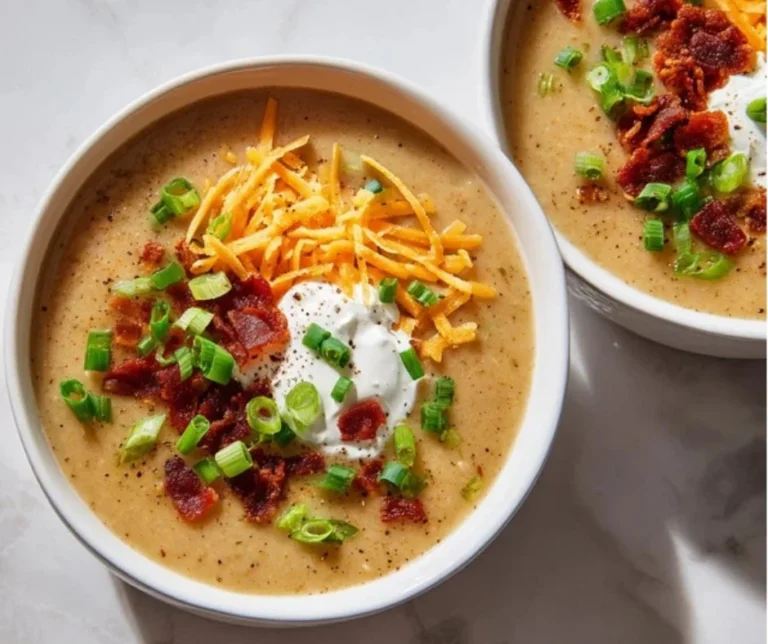 Creamy Crockpot Potato Soup garnished with fresh herbs in a bowl.