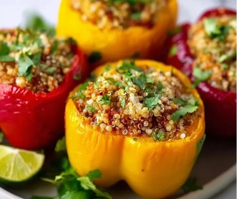 Colorful quinoa stuffed peppers filled with fresh veggies and spices