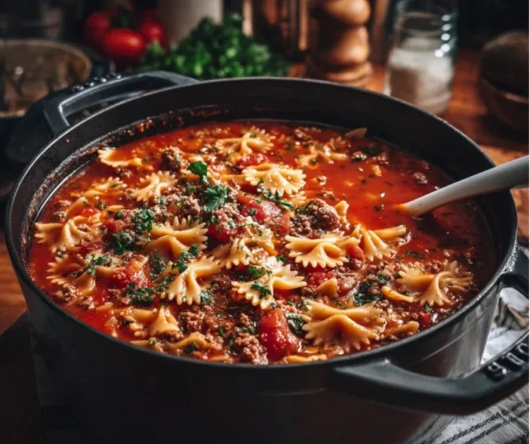 Bowl of easy lasagna soup topped with cheese and herbs