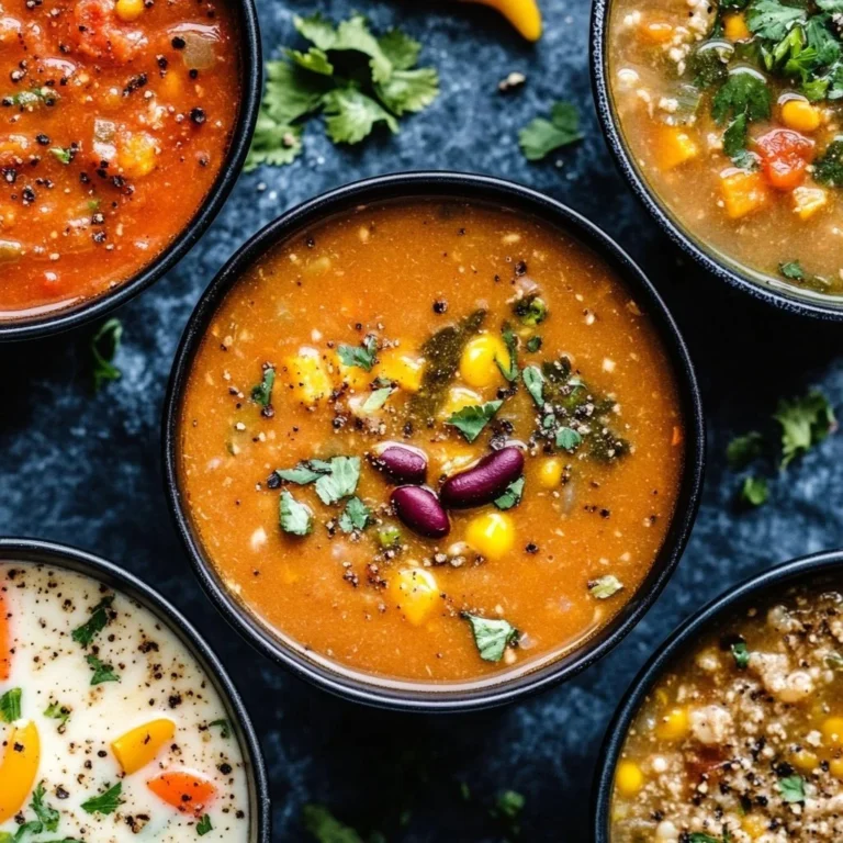 Healthy high-protein fall soup in a bowl topped with herbs and vegetables.