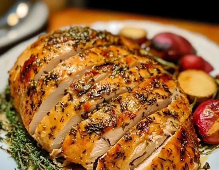 Herb Butter Roasted Turkey Breast garnished with herbs