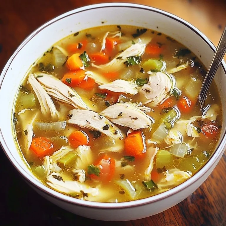 Bowl of homemade chicken soup with vegetables and herbs