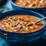 Bowl of Mexican-inspired pinto bean soup garnished with fresh herbs and spices