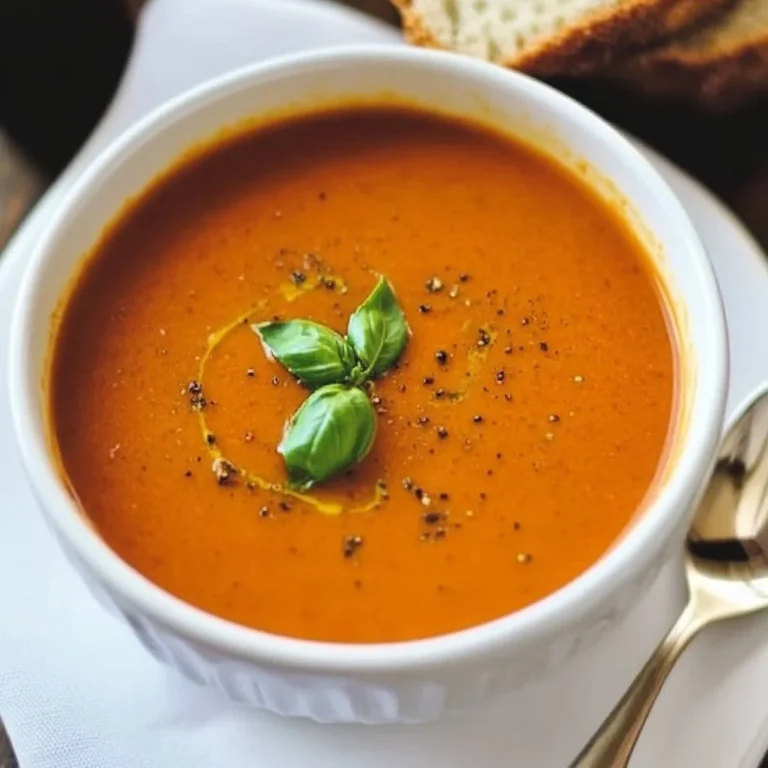Roasted Tomato Basil Soup 2 Bowl of rich roasted tomato basil soup garnished with fresh basil leaves