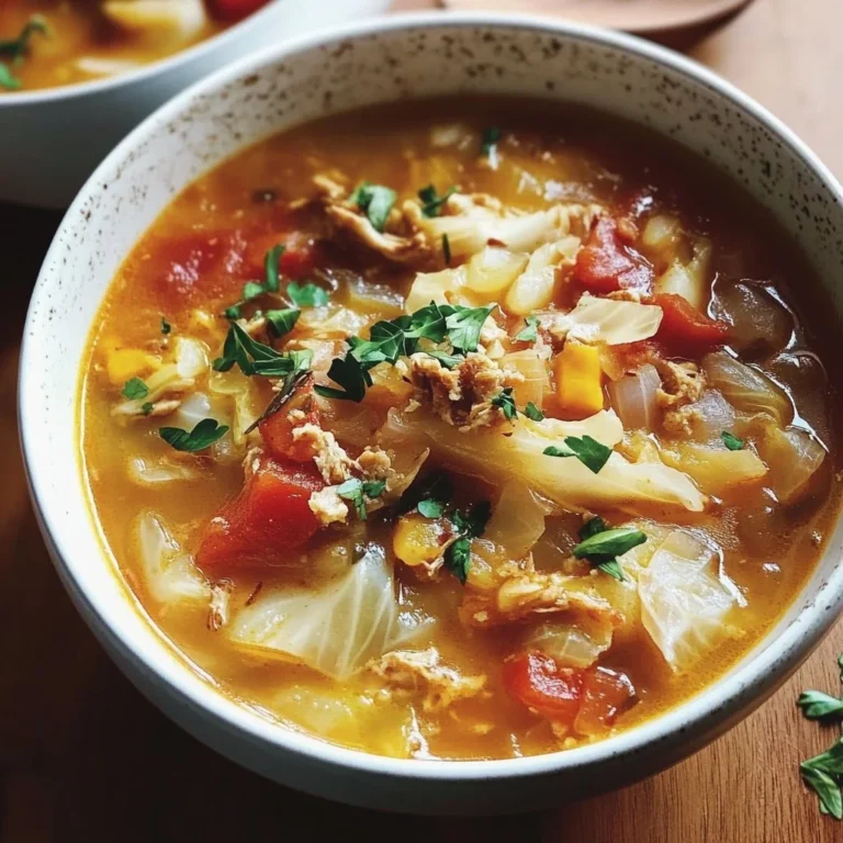 A bowl of delicious stuffed cabbage soup garnished with herbs and spices.
