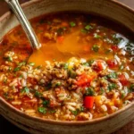 A bowl of flavorful Stuffed Pepper Soup topped with fresh herbs.