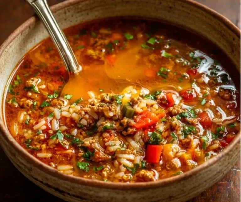 A bowl of flavorful Stuffed Pepper Soup topped with fresh herbs.