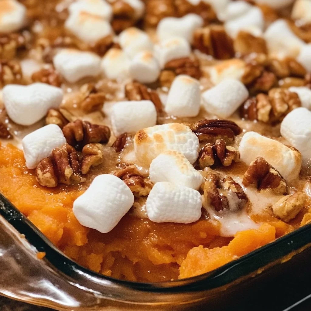 Sweet Potato Casserole with Marshmallows and Pecans