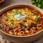 Delicious bowl of homemade Taco Soup with toppings