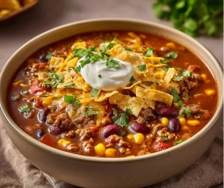 Delicious bowl of homemade Taco Soup with toppings