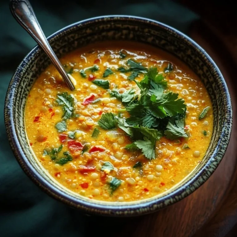 Bowl of Thai coconut red lentil soup garnished with herbs and lime.