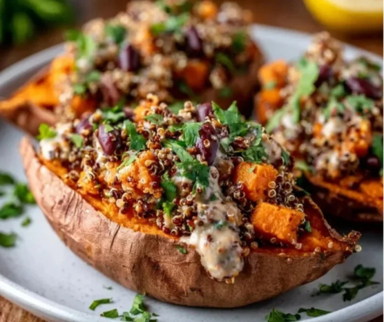 Vegan Stuffed Sweet Potatoes with Mediterranean Quinoa Magic 2 Vegan stuffed sweet potatoes with Mediterranean quinoa filling on a plate