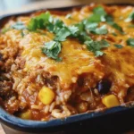 Delicious beef enchilada casserole with rice topped with cheese and cilantro.
