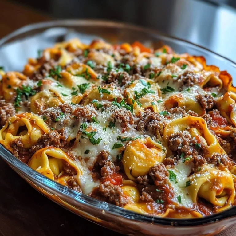 Baked Beefy Tortellini with melted cheese and herbs in a casserole dish.