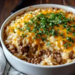 Cheesy ground beef and rice casserole in a baking dish, ready to serve.