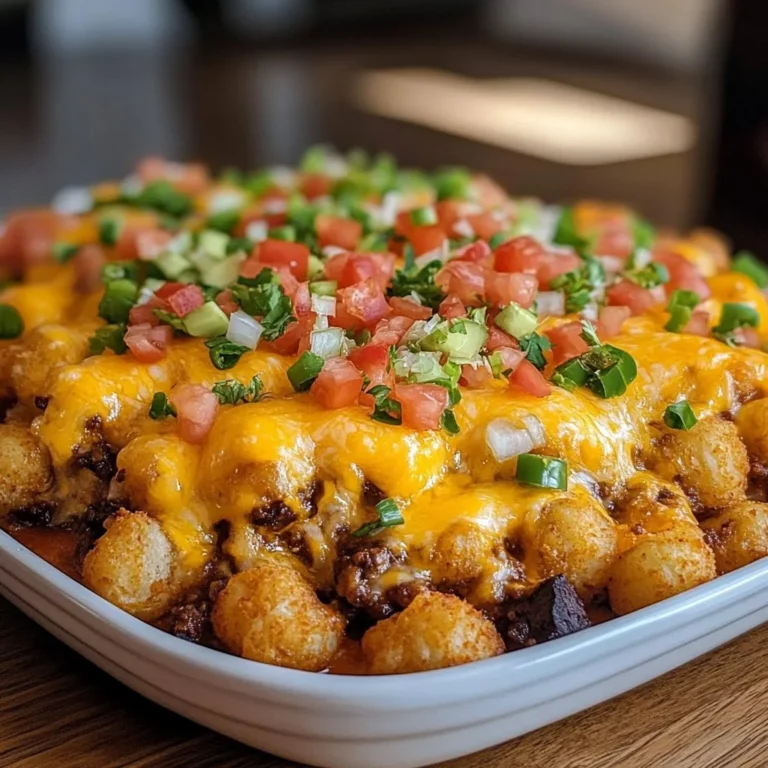 Cheesy Taco Tater Tot Bake topped with melted cheese and flavorful taco ingredients.