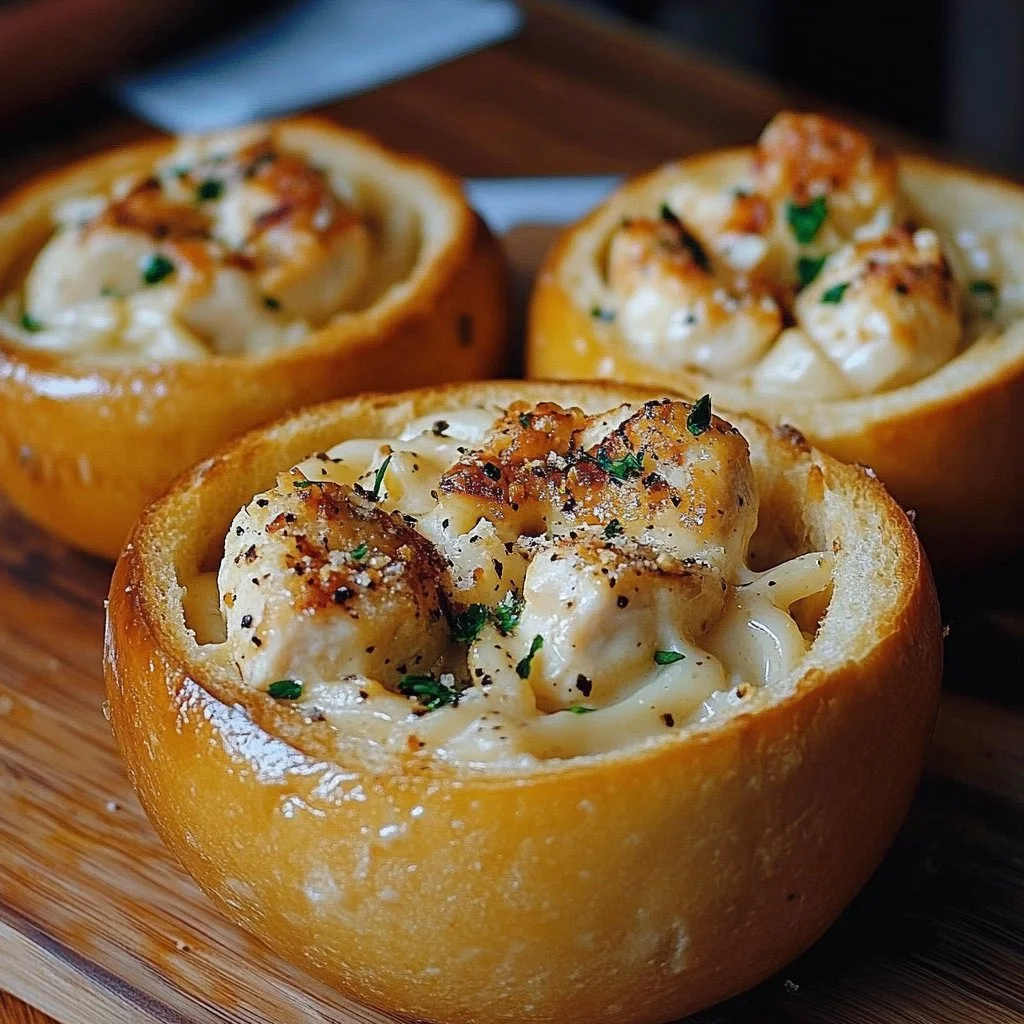 Chicken Alfredo Garlic Bread Bowls