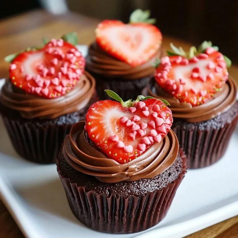 Delicious Chocolate Strawberry Heart Cupcakes decorated with fresh strawberries
