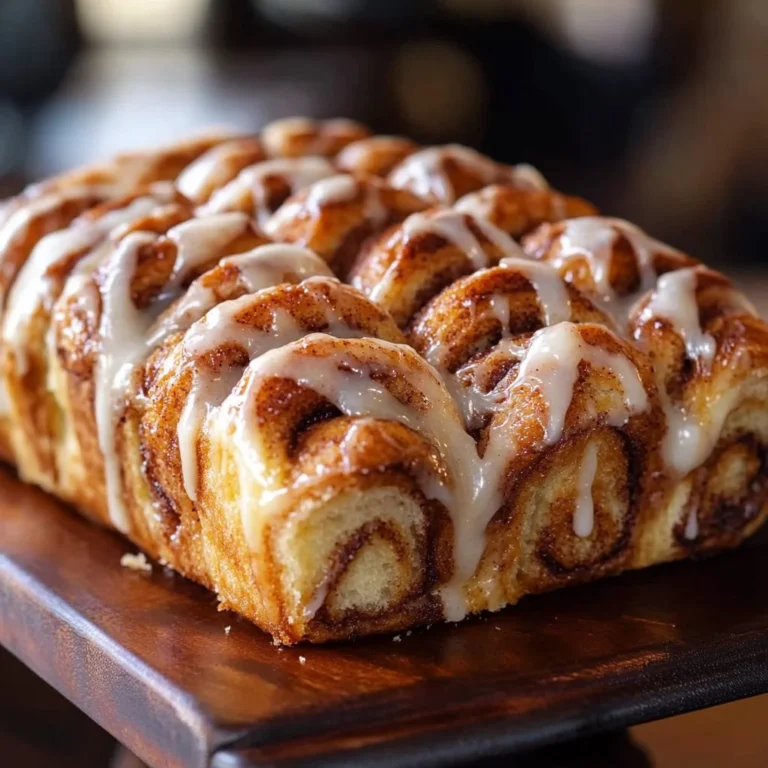 Cinnamon Roll Pull-Apart Bread topped with icing and served on a wooden board
