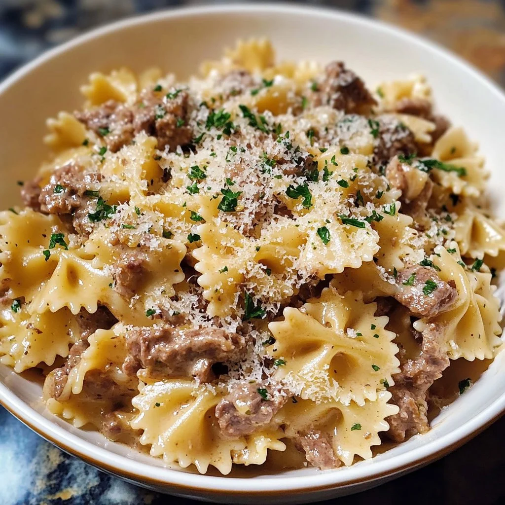Creamy Parmesan Garlic Beef Bowtie Pasta Recipe