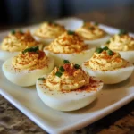 Delicious deviled eggs garnished with herbs and spices on a serving platter.