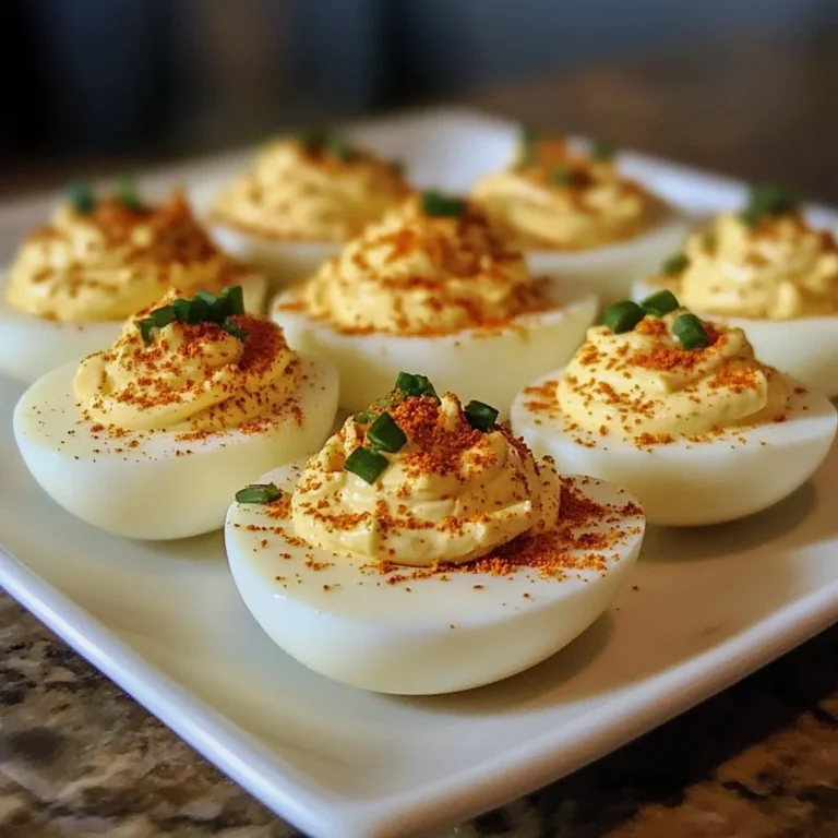 Delicious deviled eggs garnished with herbs and spices on a serving platter.