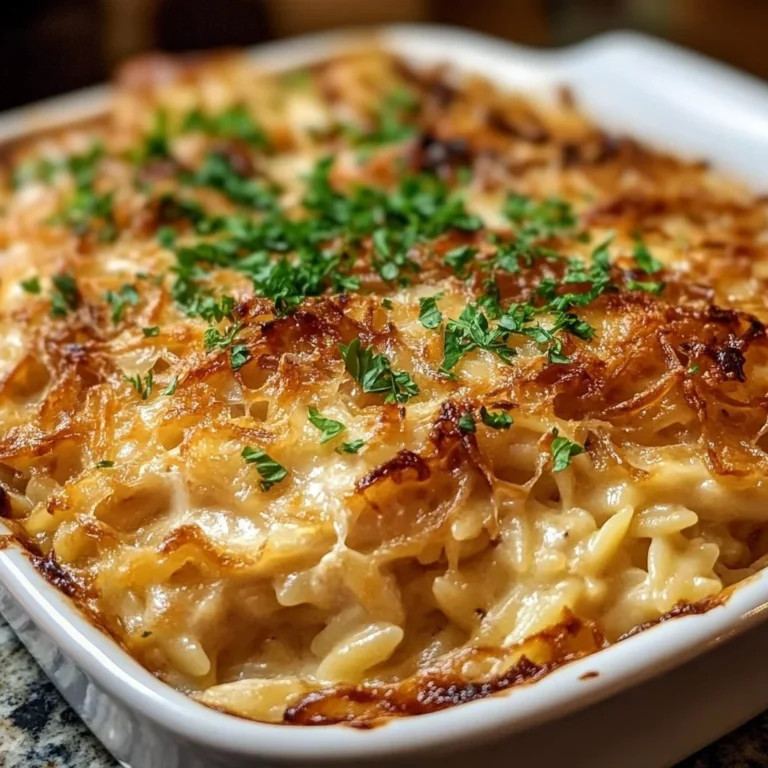 French onion chicken orzo casserole topped with melted cheese and herbs