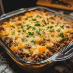 Delicious Hobo Casserole with ground beef and vegetables baked in a savory mix.