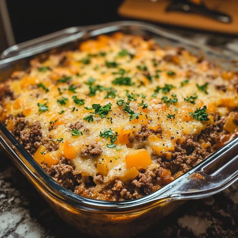 Delicious Hobo Casserole with ground beef and vegetables baked in a savory mix.