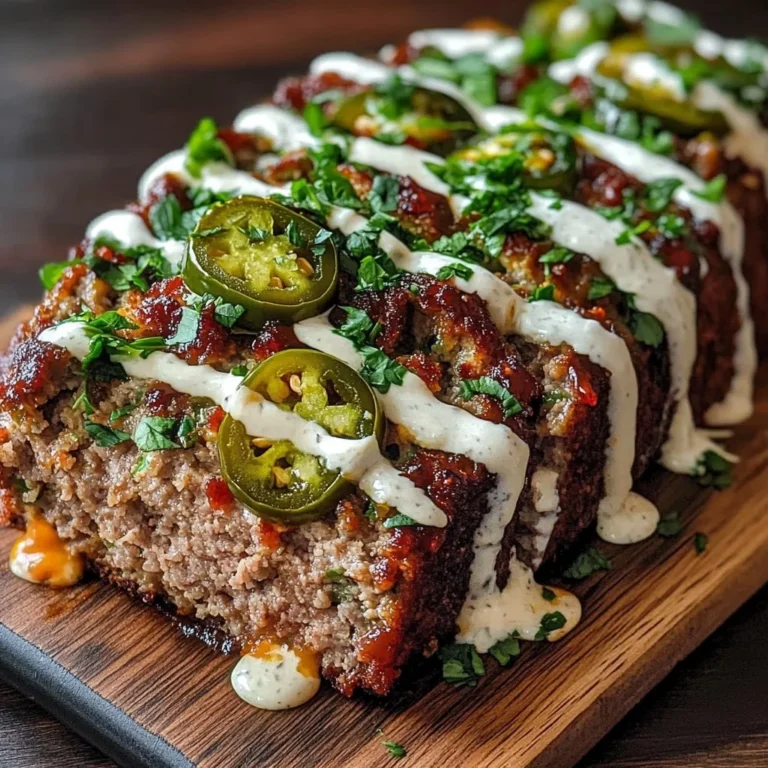 Smoky Jalapeño Popper Meatloaf with creamy ranch drizzle on a plate