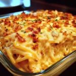 Delicious Spicy Southern Cheesy Chicken Spaghetti Casserole served in a baking dish.