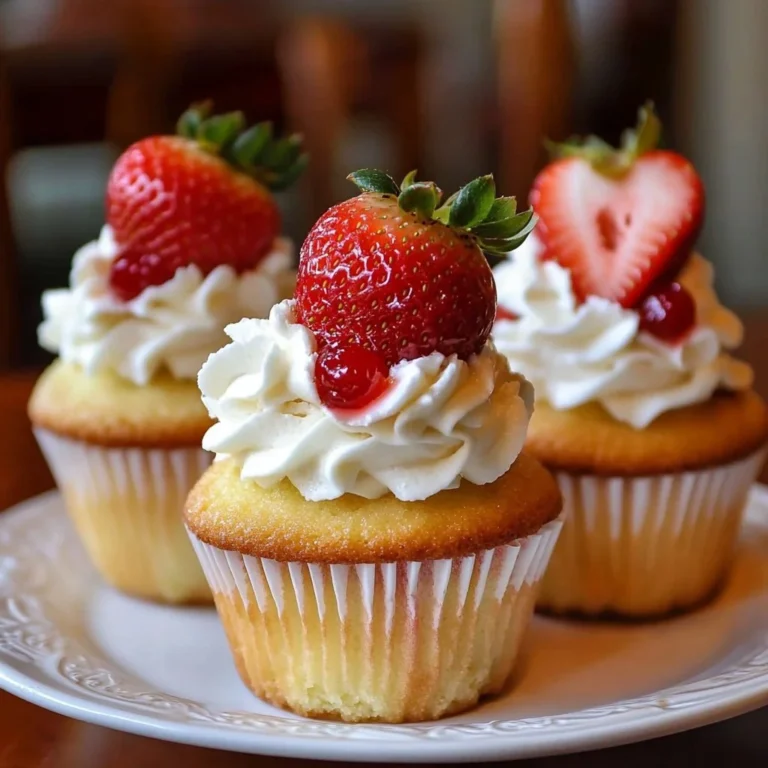 Delicious Strawberry Shortcake Cupcakes topped with fresh strawberries and whipped cream