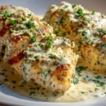 A delicious plate of baked Caesar chicken garnished with lettuce and parmesan cheese