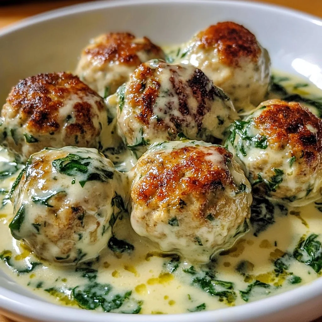 Baked Chicken Ricotta Meatballs with Spinach Alfredo Sauce Delight!