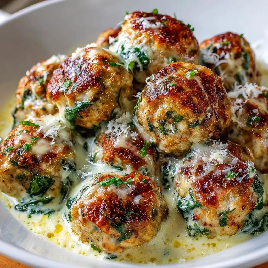 Baked Chicken Ricotta Meatballs with Spinach Alfredo Sauce Delight!